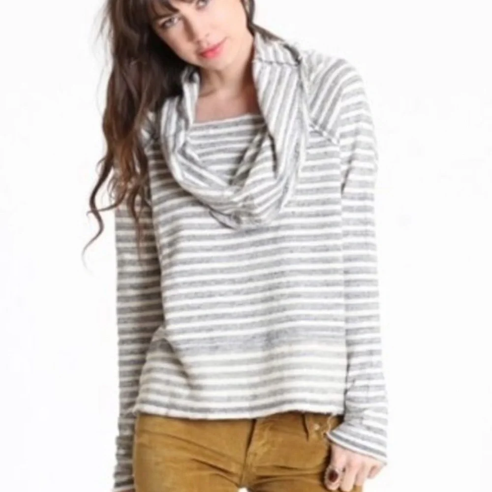 Free People Striped Gray Cowl‎ Neck Sweater